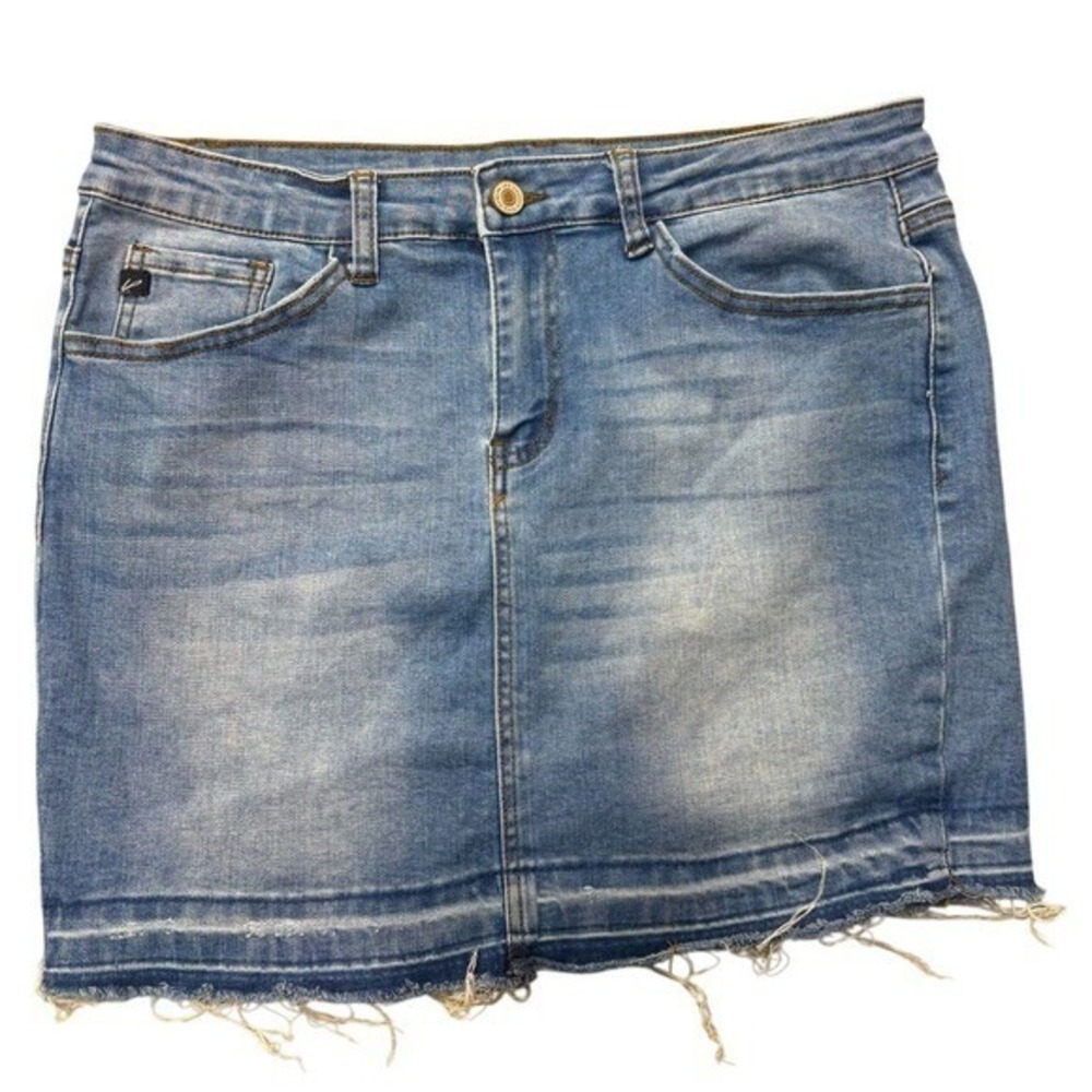 KanCan Denim Jean Mini Skirt Distressed‎ Raw Hem Western Boho Rodeo Size 28 / 9
